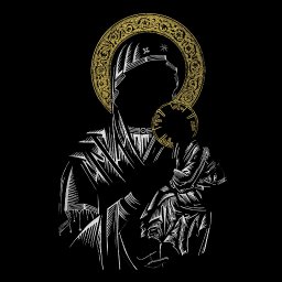 PRUS CAPITAL SPÓŁKA Z OGRANICZONĄ ODPOWIEDZIALNOŚCIĄ - Stylizowana ilustracja na czarnym tle: postać z aureolą, wykonana w technice kreskowania, z elementami dekoracyjnymi w kolorze złota.