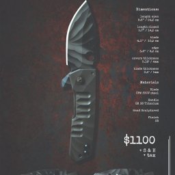 PRUS CAPITAL SPÓŁKA Z OGRANICZONĄ ODPOWIEDZIALNOŚCIĄ - Precyzyjnie wykonany, składany nóż z teksturowanym ostrzem i rękojeścią z tytanu, prezentowany na ciemnoczerwonym tle z informacjami o wymiarach, materiałach i cenie.