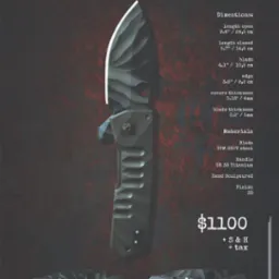 Precyzyjnie wykonany, składany nóż z teksturowanym ostrzem i rękojeścią z tytanu, prezentowany na ciemnoczerwonym tle z informacjami o wymiarach, materiałach i cenie.