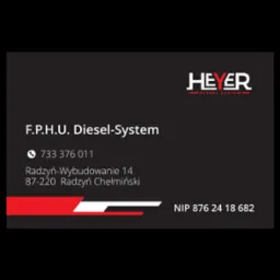 Wizytówka firmy F.P.H.U. Diesel-System z logo HEYER Diesel System, numerem telefonu, adresem w Radzyniu Chełmińskim i numerem NIP, na czarnym tle z czerwonymi akcentami.