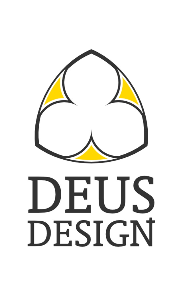 Logo 'DEUS DESIGN' z abstrakcyjnym symbolem trójlistnej koniczyny w czarno-żółtej obwódce na białym tle.
