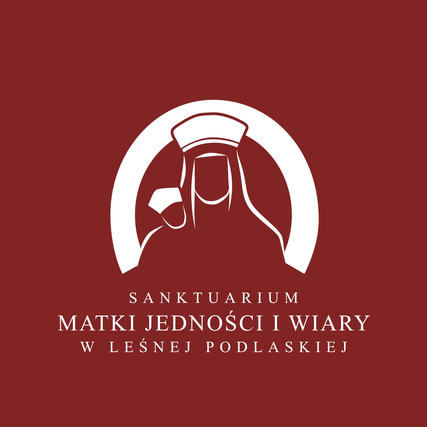 Logo Sanktuarium Matki Jedności i Wiary w Leśnej Podlaskiej, stylizowana grafika Matki Boskiej z Dzieciątkiem w białym obramowaniu na ceglastym tle.