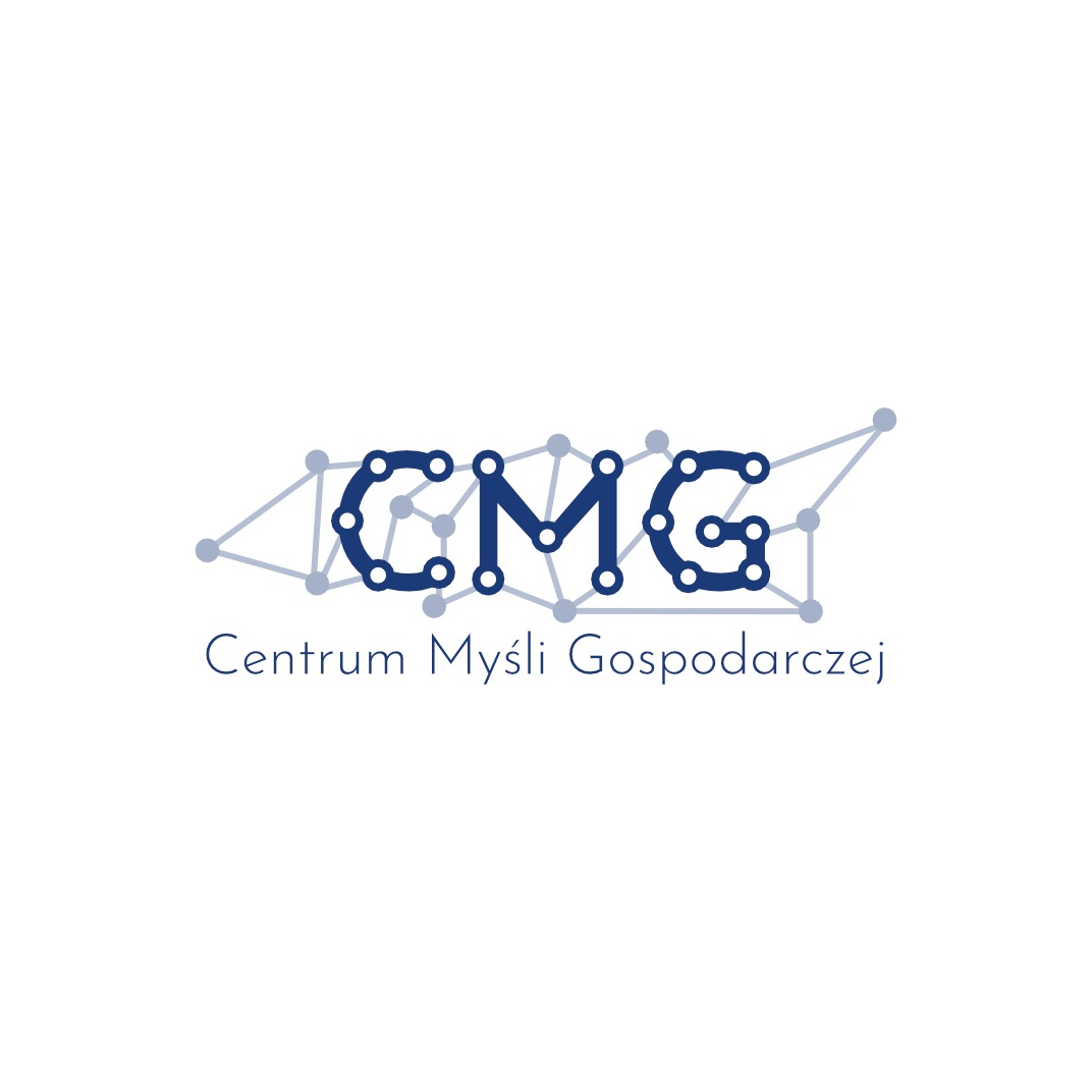 Logo firmy Centrum Myśli Gospodarczej, litery CMG w kolorze niebieskim, stylizowane na połączenia łańcucha rowerowego, połączone szarymi liniami i kropkami.