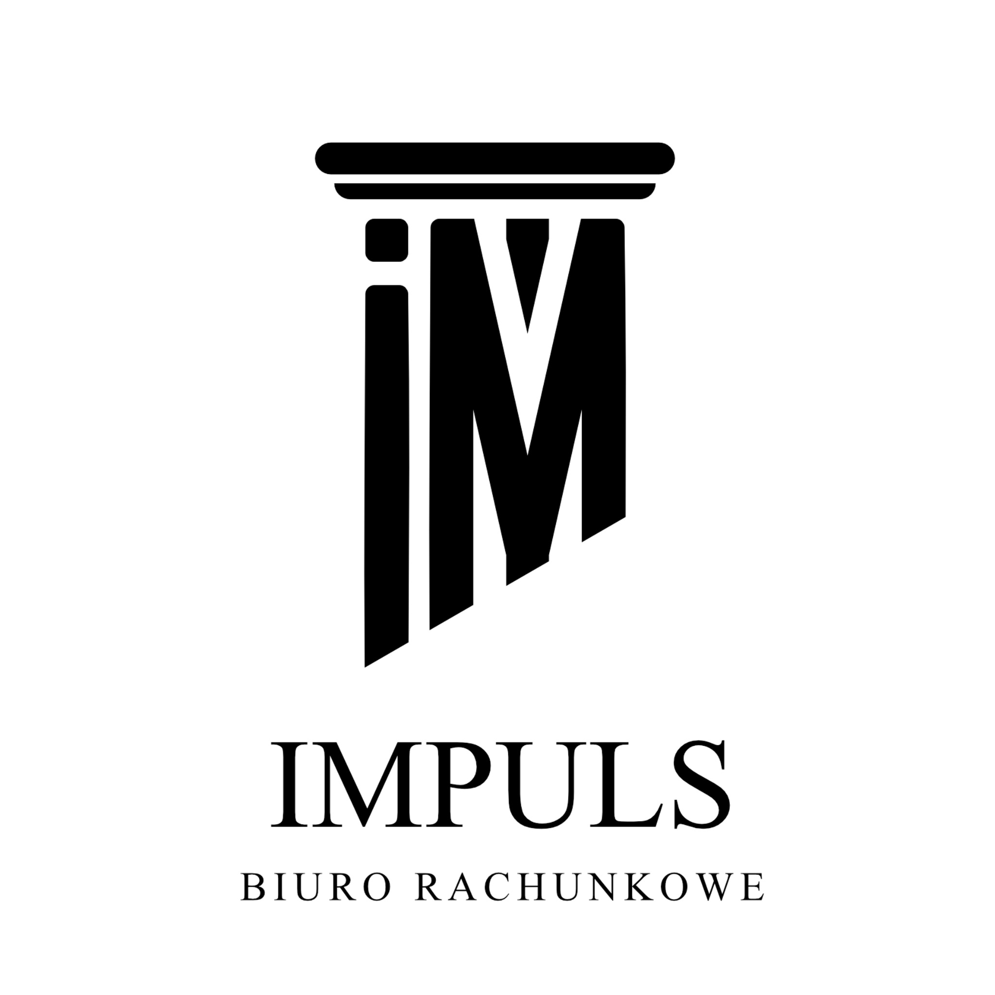 Logo 'IMPULS Biuro Rachunkowe' w czerni, stylizowane na kolumnę z literami 'I' i 'M' w górnej części.