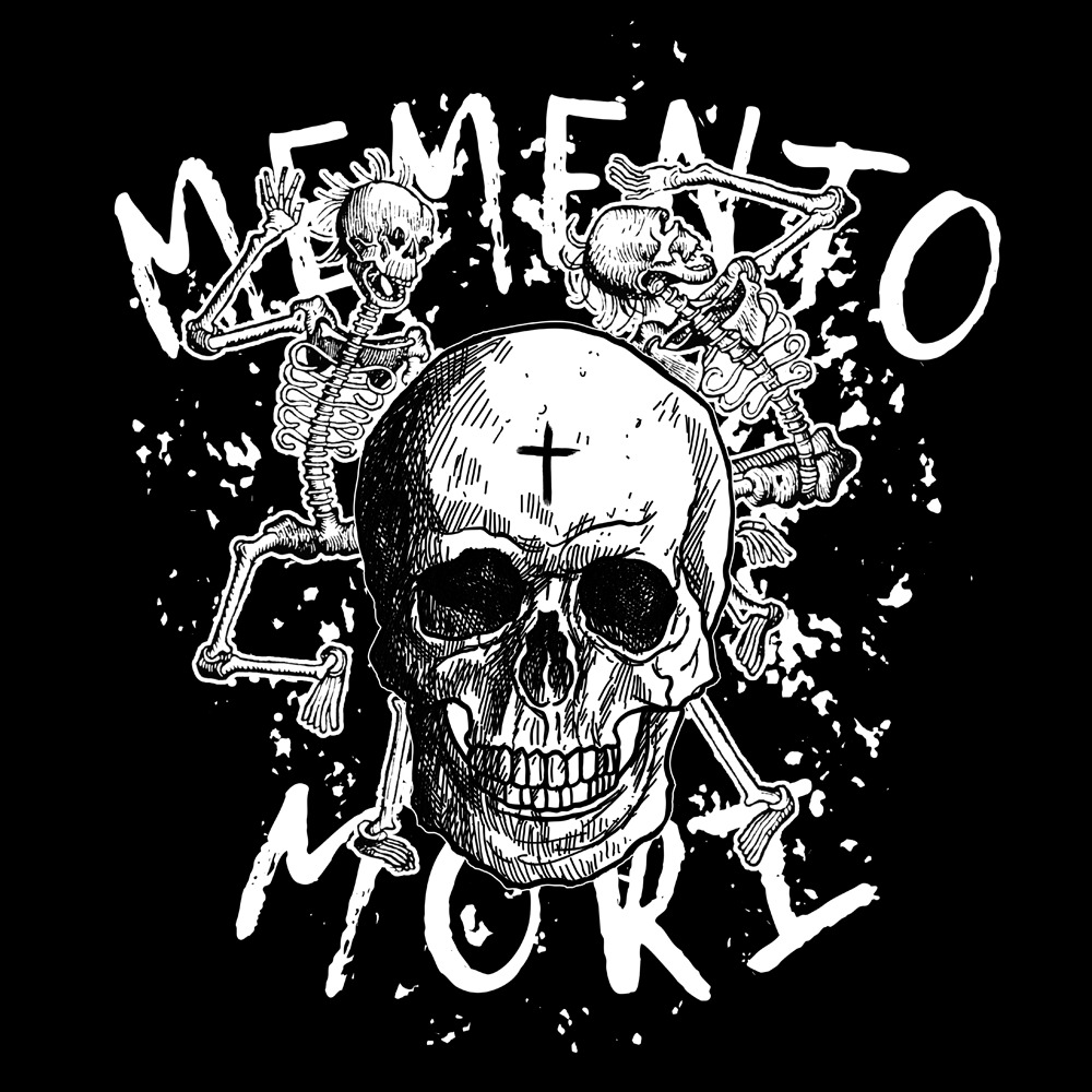 Grafika wektorowa: czaszka z krzyżem na czole otoczona tańczącymi szkieletami i napisem 'Memento Mori' w stylu grunge.
