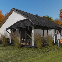 MAP Projekt - Wizualizacja domu z czarnym dachem i przeszkloną werandą, otoczonego jesienną zielenią. Na pierwszym planie kobieta z dzieckiem i pies rasy dalmatyńczyk.