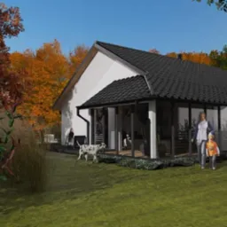 Wizualizacja domu jednorodzinnego z przeszkloną werandą, otoczonego jesiennym ogrodem. Na pierwszym planie kobieta z dzieckiem i dalmatyńczyk na trawniku.