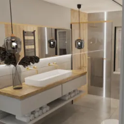 Nowoczesna łazienka z umywalką nablatową, złotą armaturą i szklaną kabiną prysznicową. Minimalistyczny design z akcentami naturalnego drewna i kamienia.