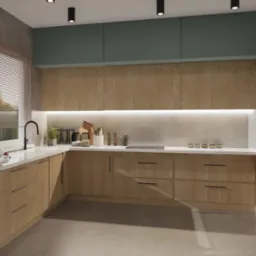 Nowoczesna kuchnia z drewnianymi frontami, białym blatem i subtelnym oświetleniem LED. Widoczne akcesoria kuchenne i rolety w oknie. Minimalistyczny design z elementami naturalnego drewna.