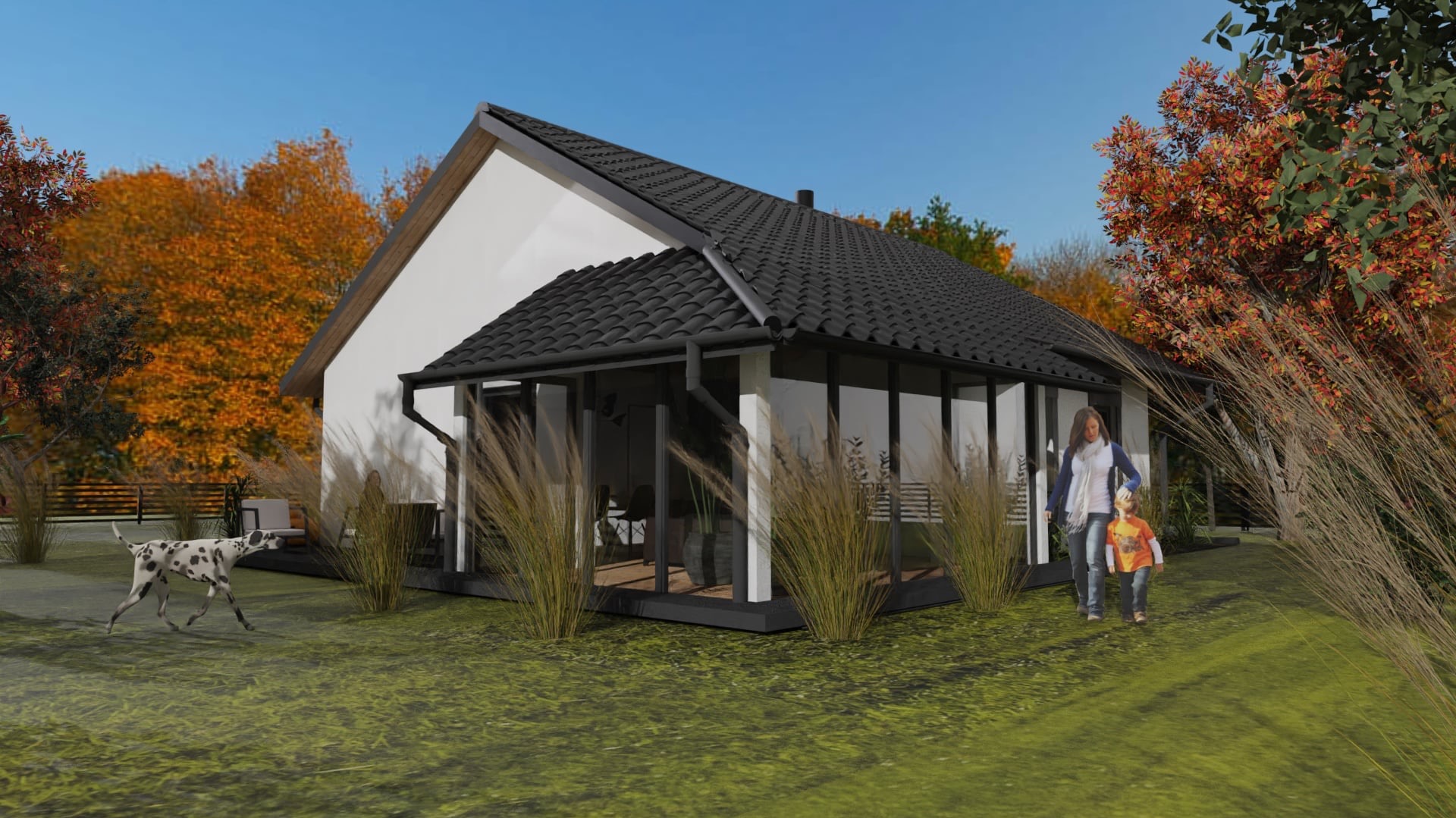 Wizualizacja domu z czarnym dachem i przeszkloną werandą, otoczonego jesienną zielenią. Na pierwszym planie kobieta z dzieckiem i pies rasy dalmatyńczyk.