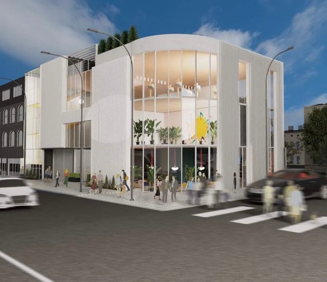 Wizualizacja dwukondygnacyjnego budynku biurowego z zaokrągloną fasadą i dużymi oknami, otoczonego zielenią i przechodniami na chodniku.