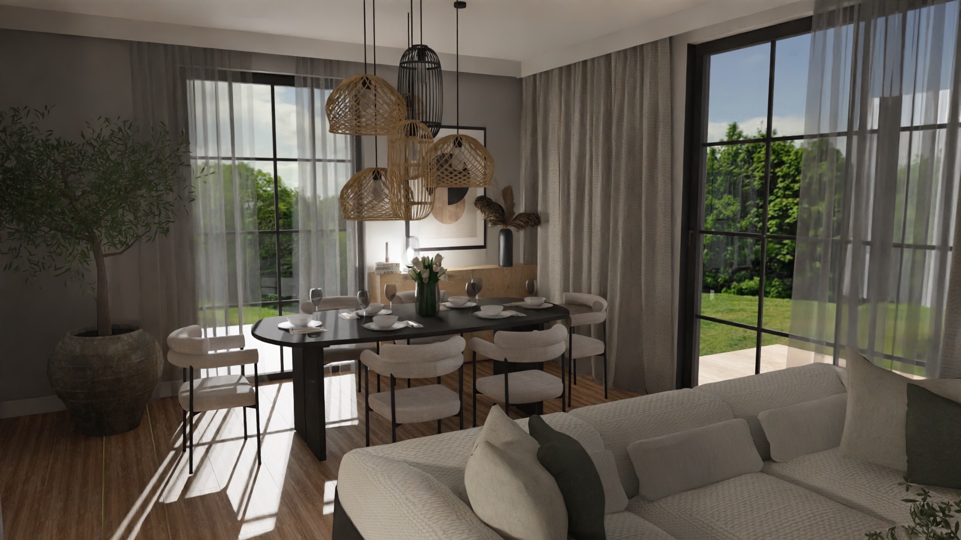 Wizualizacja jadalni w neutralnych barwach: czarny stół z nakryciem, beżowe krzesła, rattanowe lampy wiszące. Za oknem widok na zieleń. W tle komoda i dekoracje.