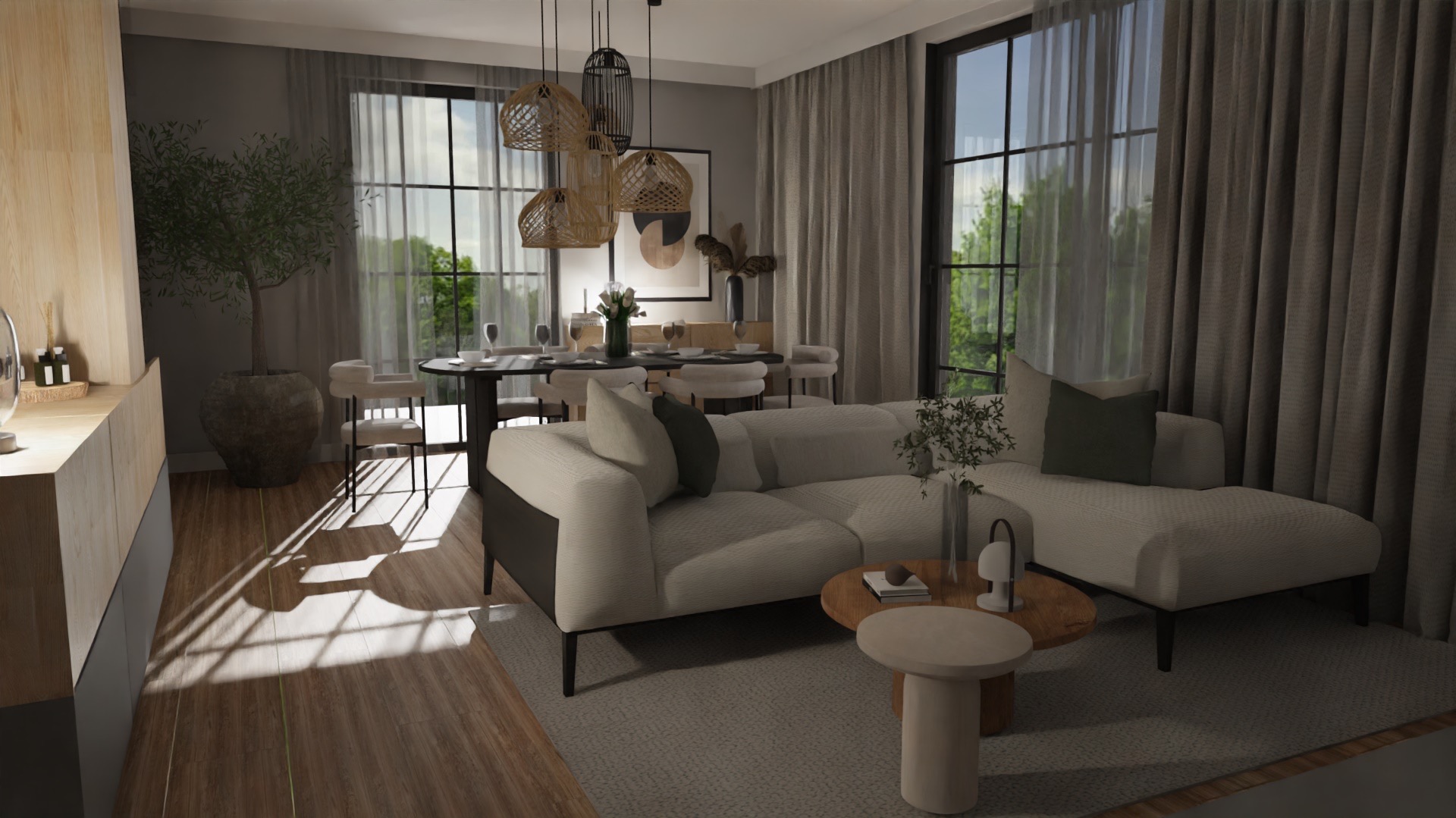 Nowoczesny projekt wnętrza salonu z jadalnią w Pabianicach. Jasna sofa, drewniane podłogi i duże okna z widokiem na zieleń tworzą przytulną przestrzeń.