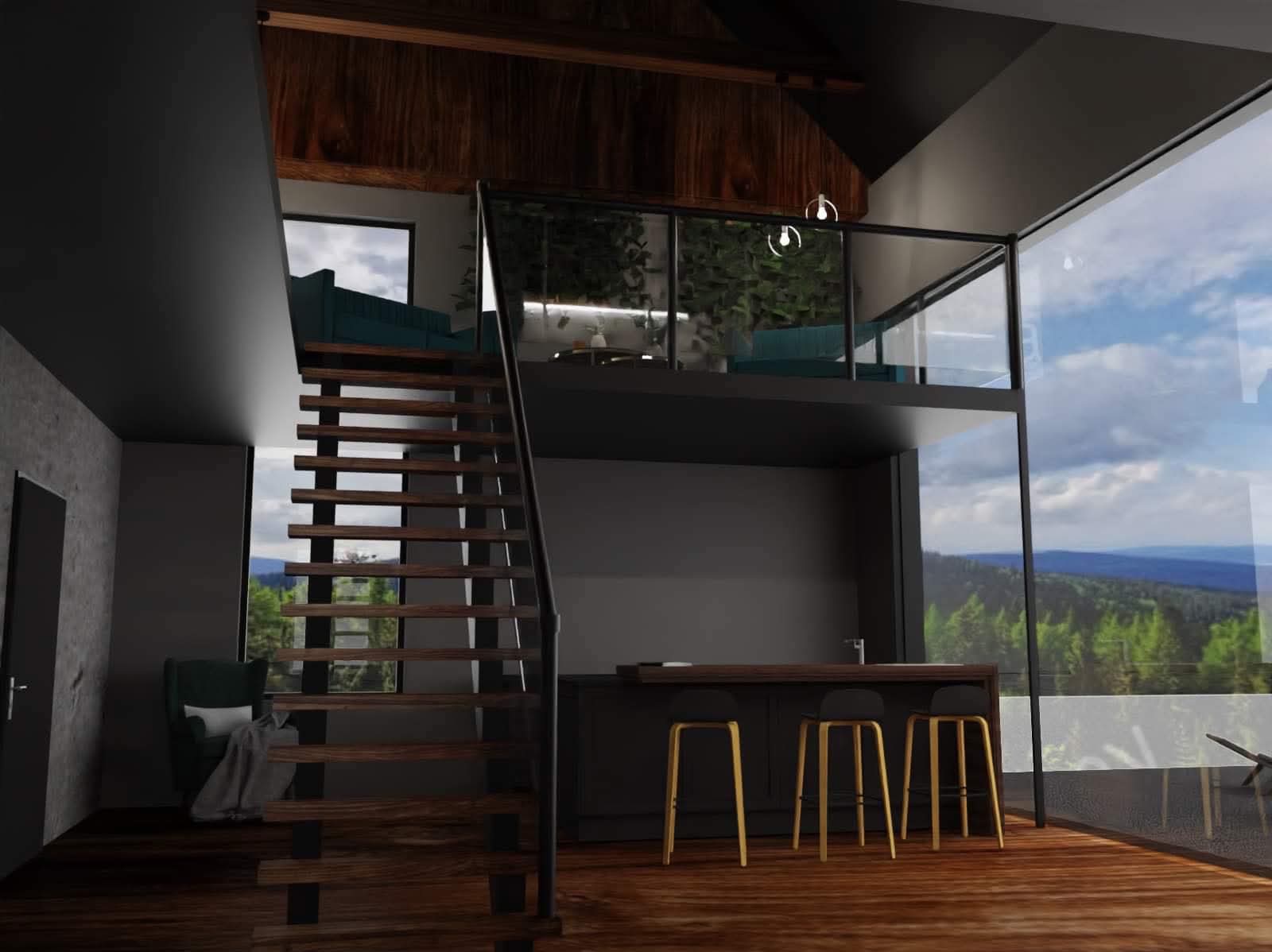 Nowoczesne wnętrze domu z antresolą, schodami z drewnianymi stopniami, barkiem z hokerami i dużym oknem z widokiem na las i góry w tle. Minimalistyczny design.