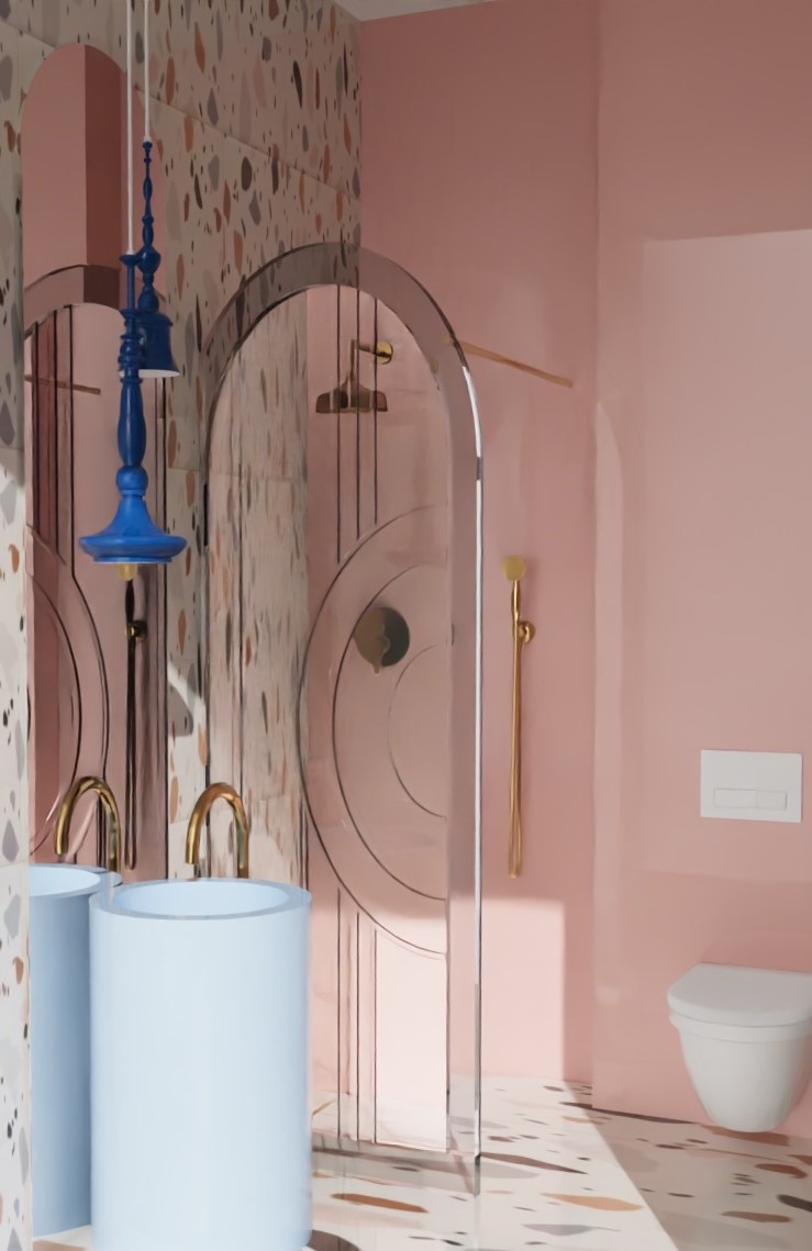 Nowoczesna łazienka w odcieniach różu z umywalkami w kolorze błękitnym, złotymi akcentami i kabiną prysznicową z transparentnego szkła.