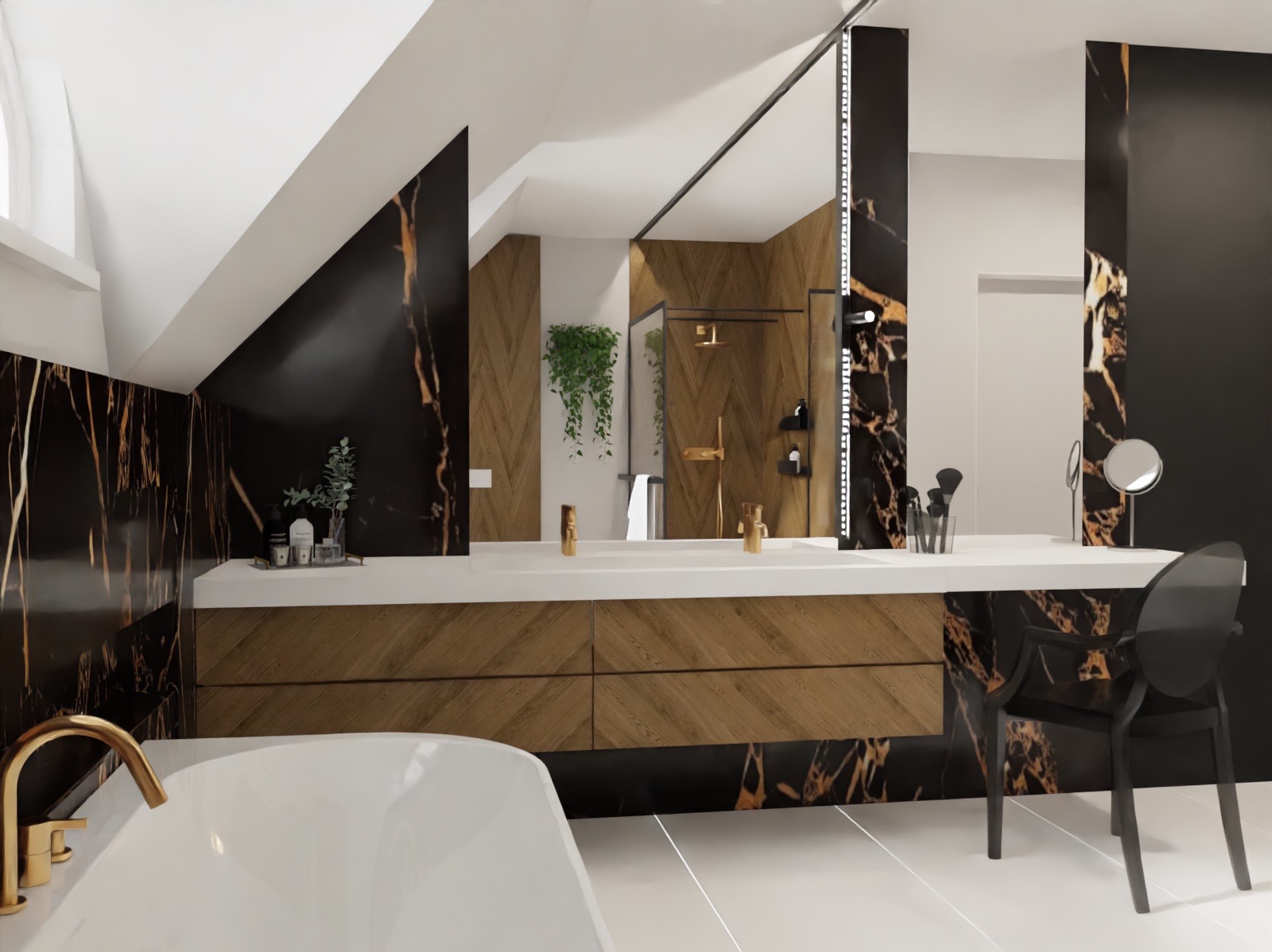 Elegancka łazienka na poddaszu z wanną, umywalką z drewnianą szafką i czarnymi panelami z żyłkami złota. W tle widoczny prysznic i dekoracyjne rośliny.