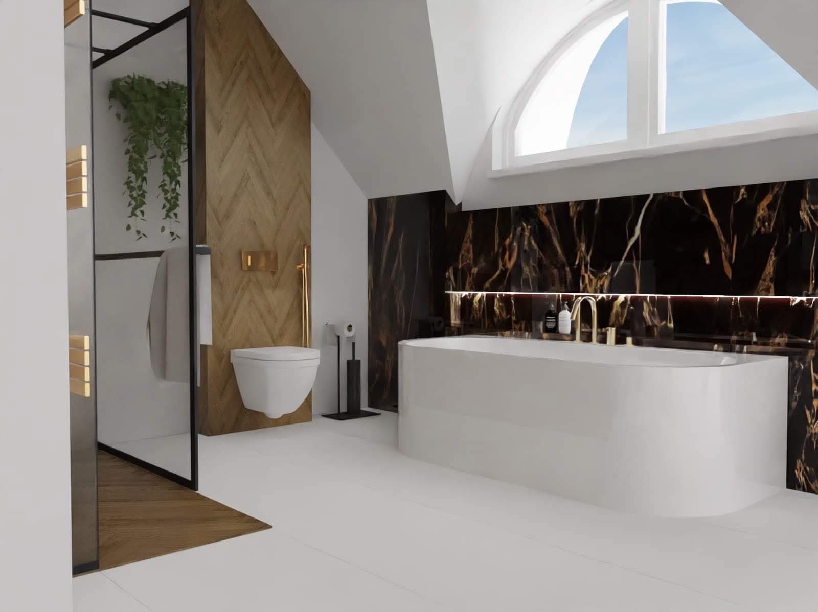 Nowoczesna łazienka na poddaszu z wanną, toaletą podwieszaną i kabiną prysznicową. Drewno w jodełkę i marmur dodają elegancji. Okno dachowe wpuszcza dużo światła.