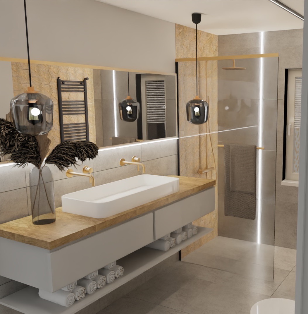 Nowoczesna łazienka z umywalką nablatową, złotą armaturą i szklaną kabiną prysznicową. Minimalistyczny design z akcentami naturalnego drewna i kamienia.