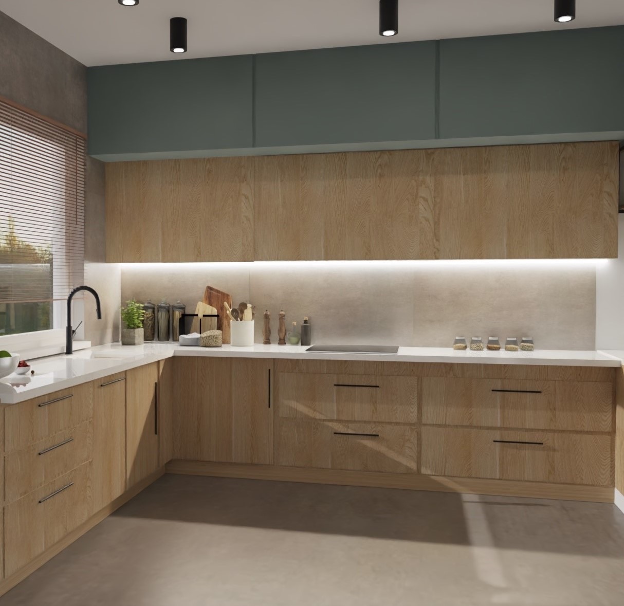 Nowoczesna kuchnia z drewnianymi frontami, białym blatem i subtelnym oświetleniem LED. Widoczne akcesoria kuchenne i rolety w oknie. Minimalistyczny design z elementami naturalnego drewna.