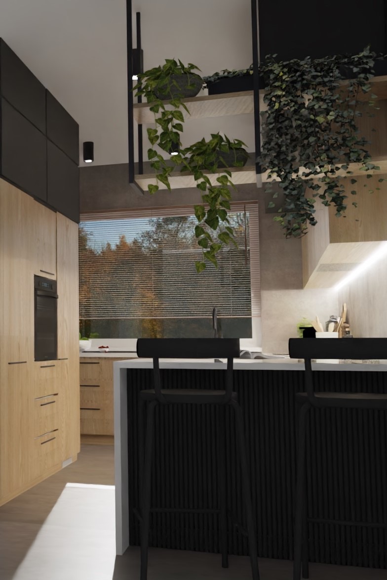 Nowoczesna kuchnia z drewnianymi szafkami, czarnymi akcentami i wiszącymi roślinami, widok zza krzeseł barowych. Duże okno z widokiem na jesienny krajobraz.