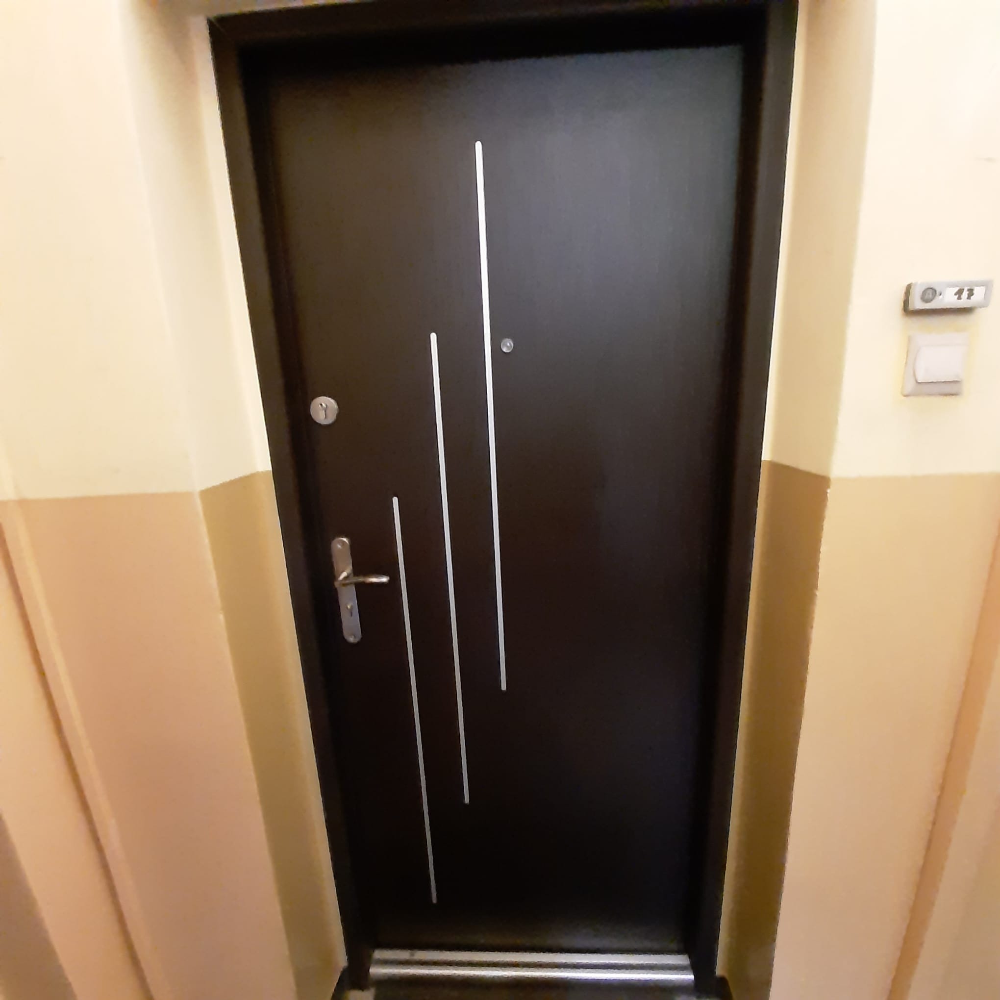 Ciemne drzwi wejściowe z trzema srebrnymi, pionowymi paskami na klatce schodowej z beżowymi ścianami i domofonem po prawej stronie.