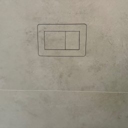 DAN-HOUSE SPÓŁKA Z OGRANICZONĄ ODPOWIEDZIALNOŚCIĄ - Szara, matowa płytka ścienna z minimalistycznym, prostokątnym przyciskiem spłukującym WC z dwoma polami. Widoczna fuga pozioma.