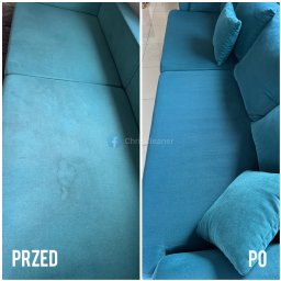Chris Cleaner - Turkusowa sofa narożna z widocznym efektem czyszczenia: po lewej plama 'przed', po prawej czysta powierzchnia 'po'.