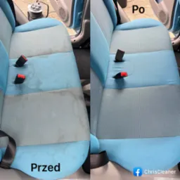 Porównanie fotela samochodowego przed i po czyszczeniu, widoczne usunięte plamy i zabrudzenia, z logo firmy ChrisCleaner w rogu.