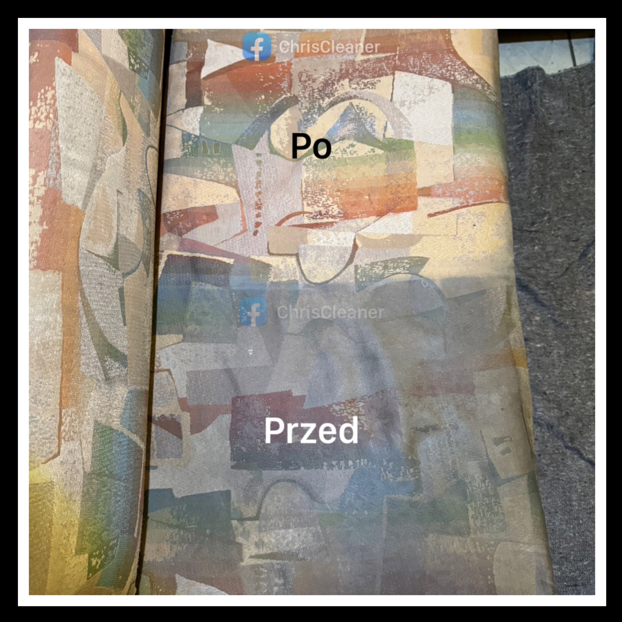 Fragment tapicerowanego mebla z abstrakcyjnym wzorem, prezentujący różnicę w wyglądzie 'Przed' i 'Po' zabiegu czyszczenia, z widocznym logo firmy ChrisCleaner na górze.