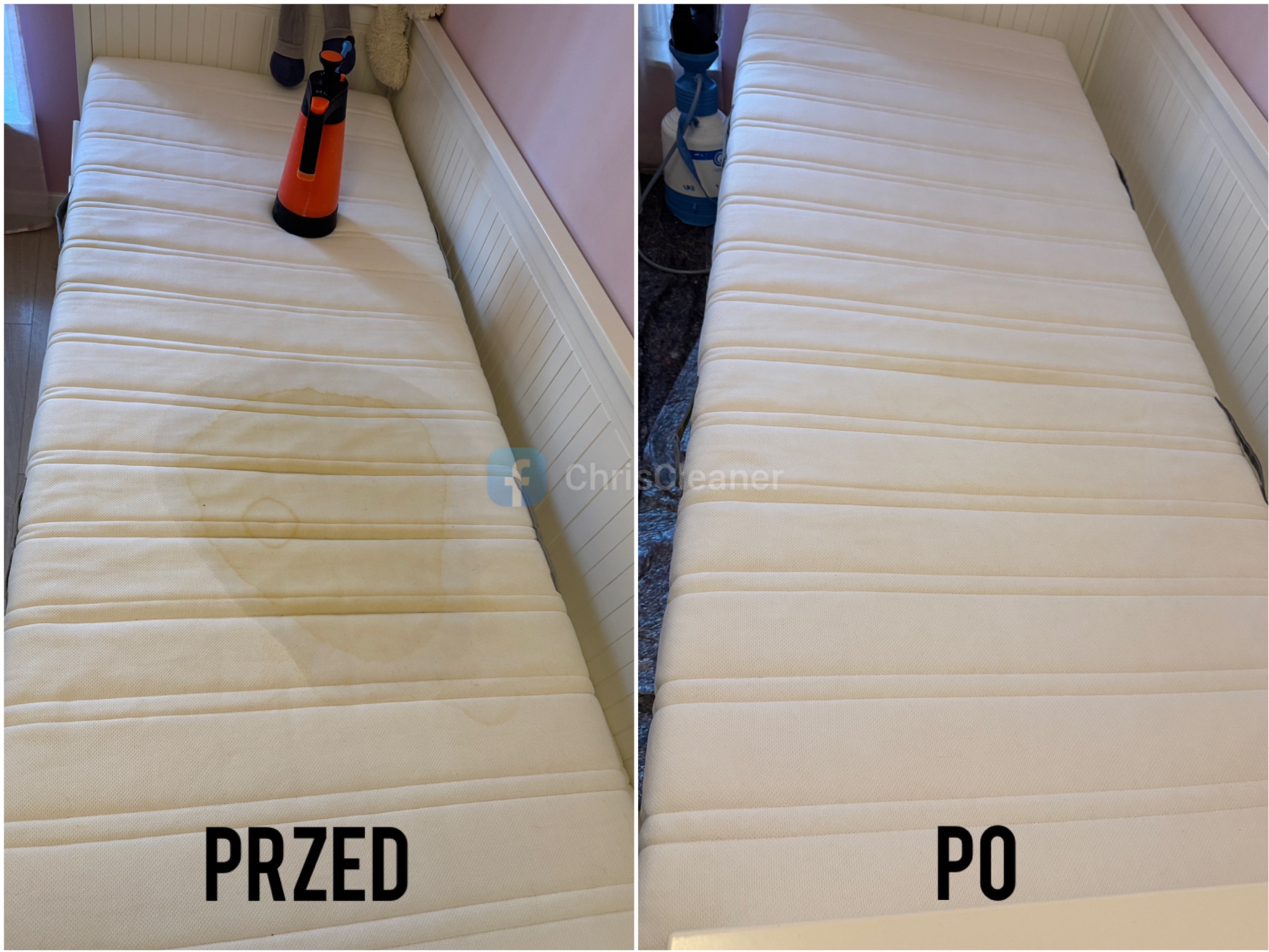 Materac dziecięcy w łóżeczku przed i po czyszczeniu, widoczne plamy usunięte, z boku stoi spryskiwacz.