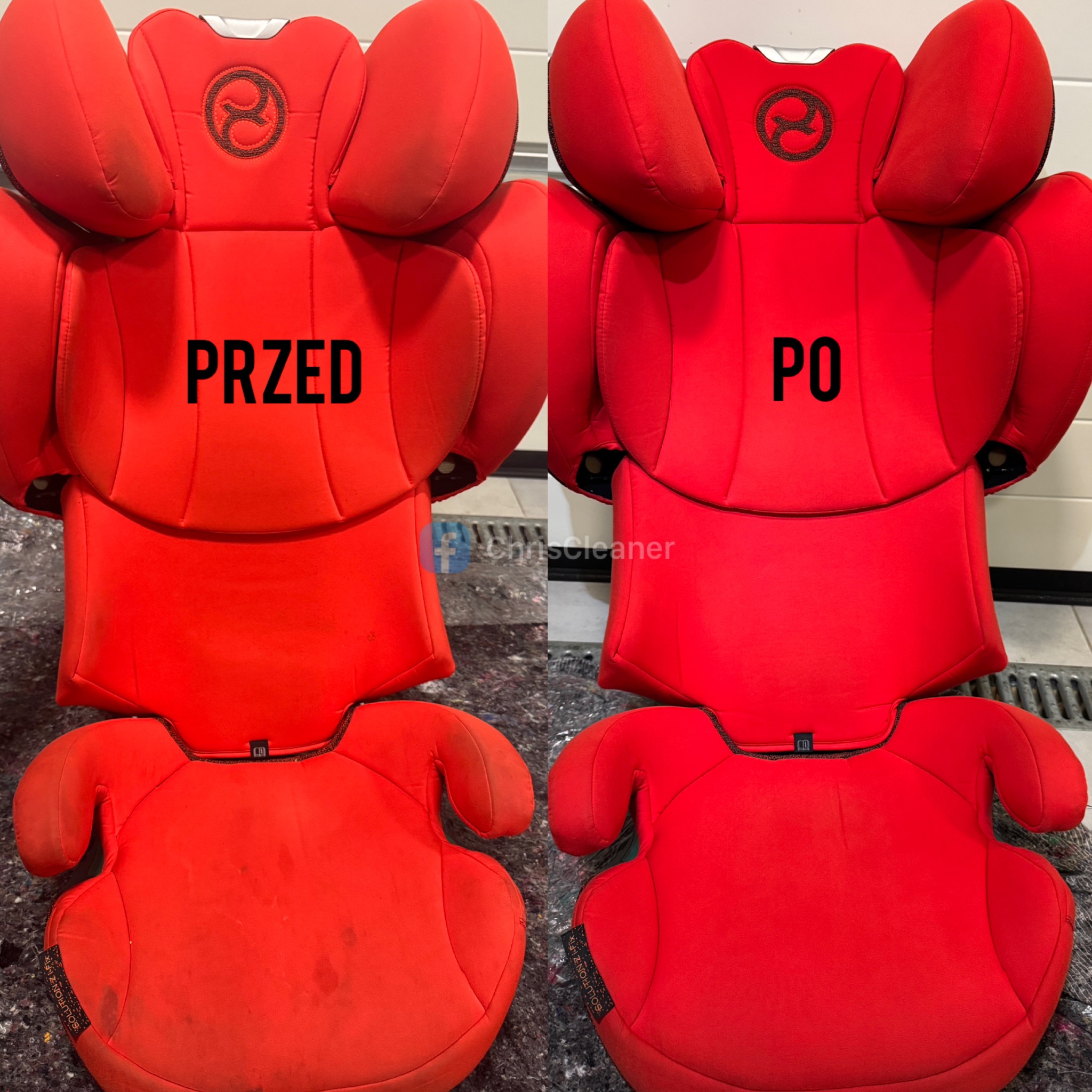 Czerwony fotelik samochodowy Cybex Solution Z i-Fix, lewa strona przed praniem, widoczne plamy i zabrudzenia, prawa strona po czyszczeniu, materiał odzyskał intensywny kolor.