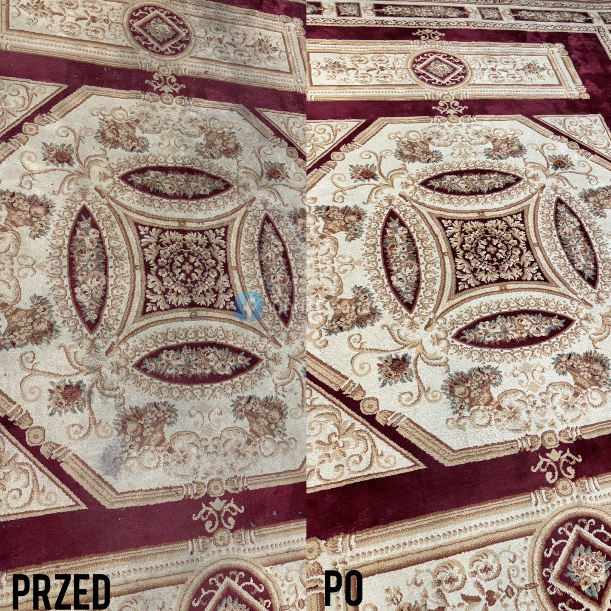 Dywan z wzorem kwiatowym, podzielony na dwie części: lewa strona zabrudzona, prawa po czyszczeniu, z widocznymi napisami 'PRZED' i 'PO'.
