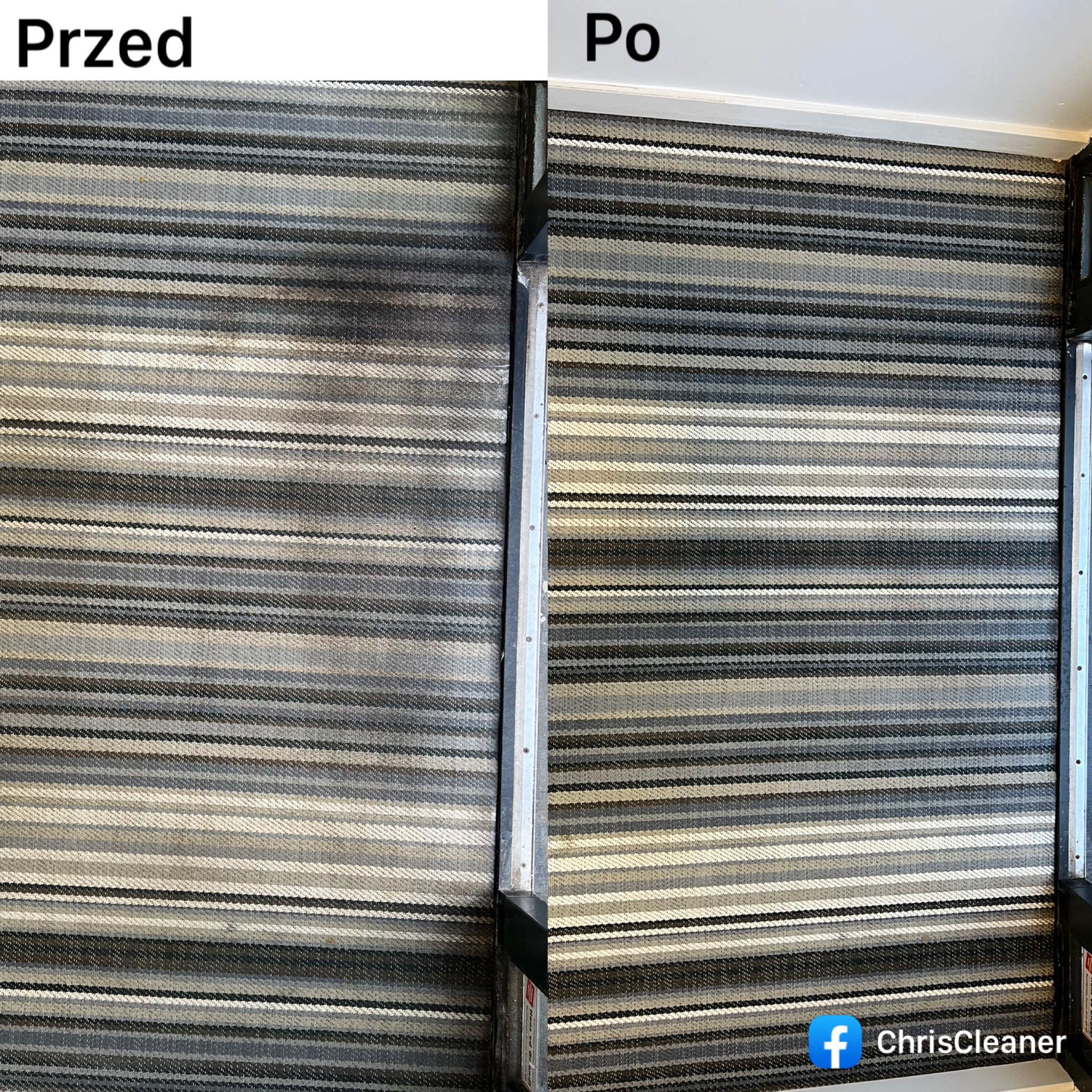 Dywan w szaro-białe pasy, widok z góry, podzielony na dwie części: 'Przed' z wyraźnym zabrudzeniem i 'Po' czyszczeniu, z widoczną różnicą w czystości i intensywności kolorów.