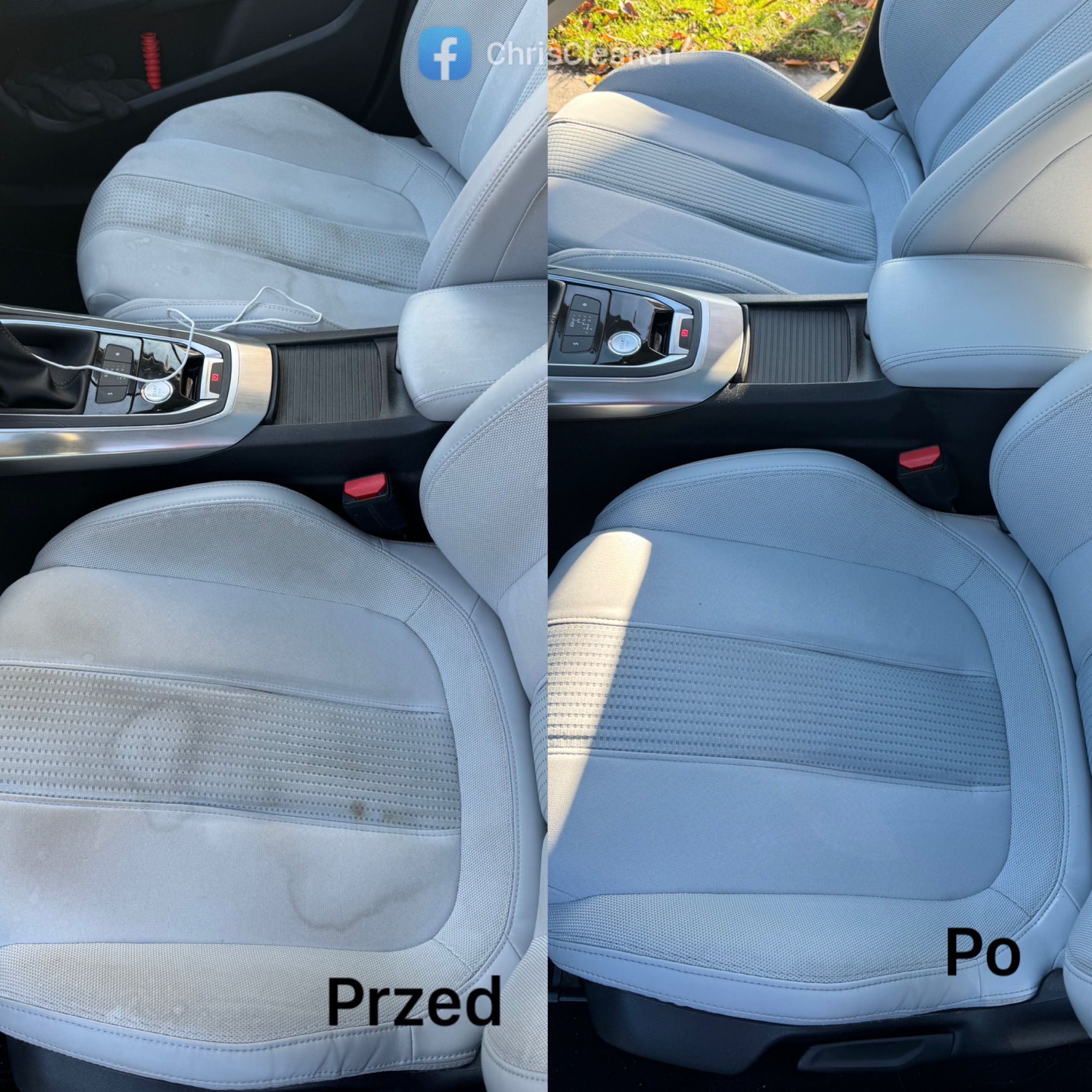 Jasnoszare fotele samochodowe przed i po czyszczeniu, widoczne plamy usunięte, logo firmy w rogu.