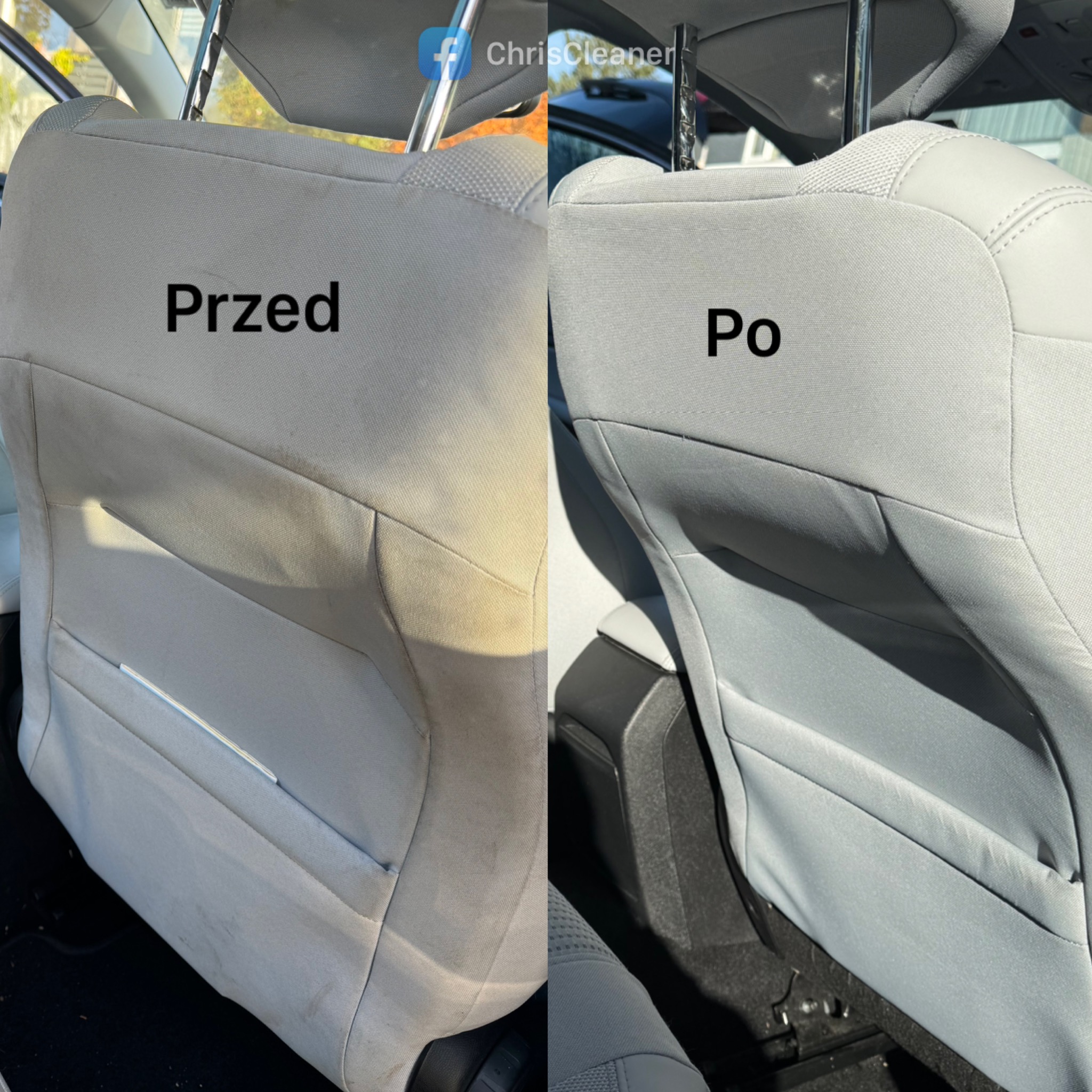 Porównanie tylnej części fotela samochodowego przed i po czyszczeniu, widoczne wyraźne różnice w czystości tapicerki.