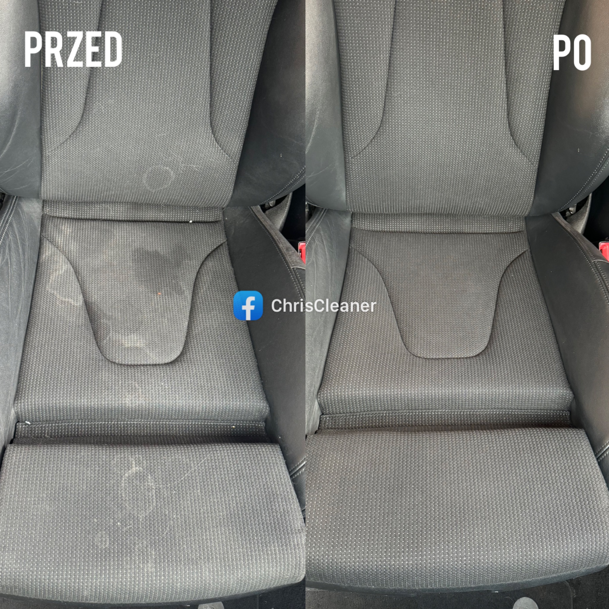 Tapicerowane siedzenie samochodowe w układzie przed i po czyszczeniu, widoczne plamy usunięte, z logo firmy czyszczącej w środku.