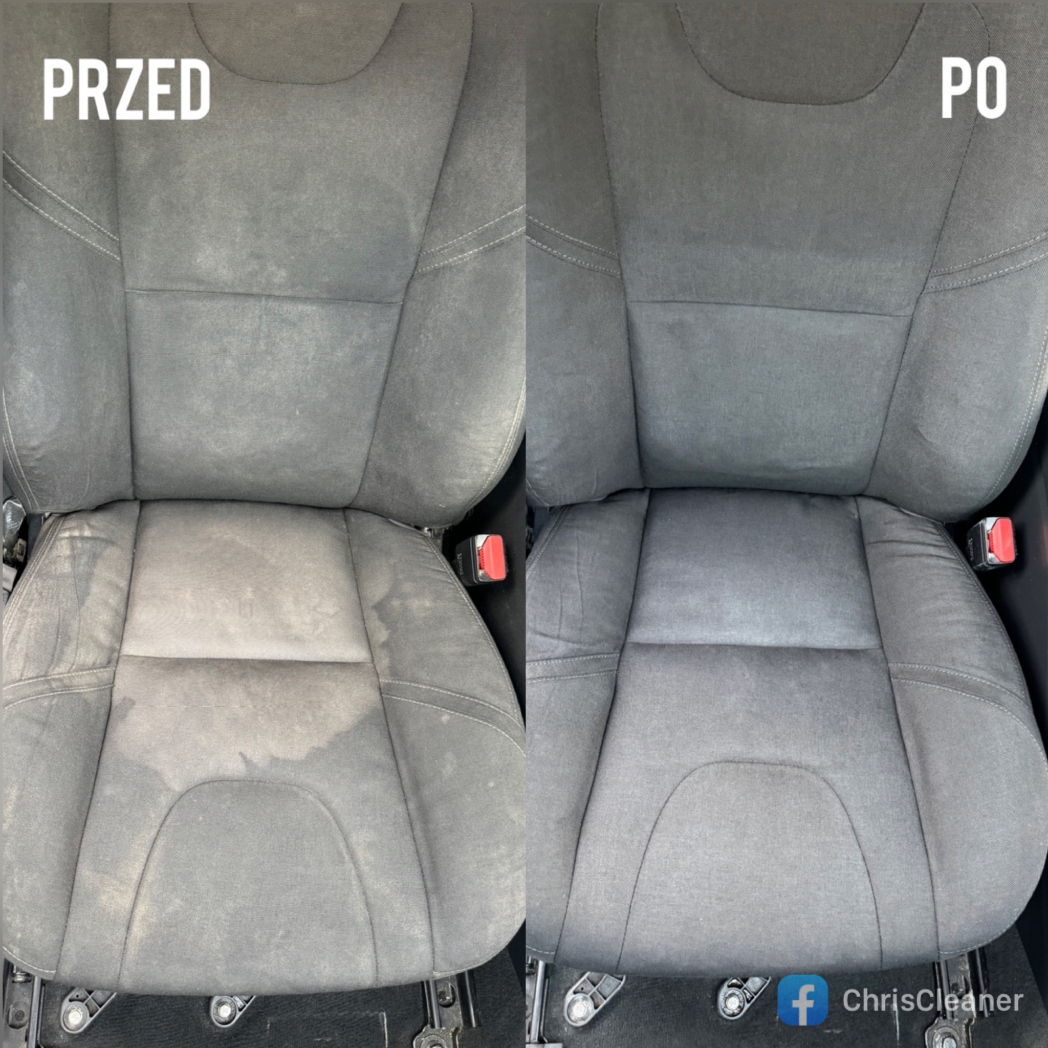 Tapicerka fotela samochodowego: porównanie stanu przed i po praniu, widoczne plamy usunięte, materiał odzyskał jednolity, szary kolor, z prawej strony logo firmy ChrisCleaner.