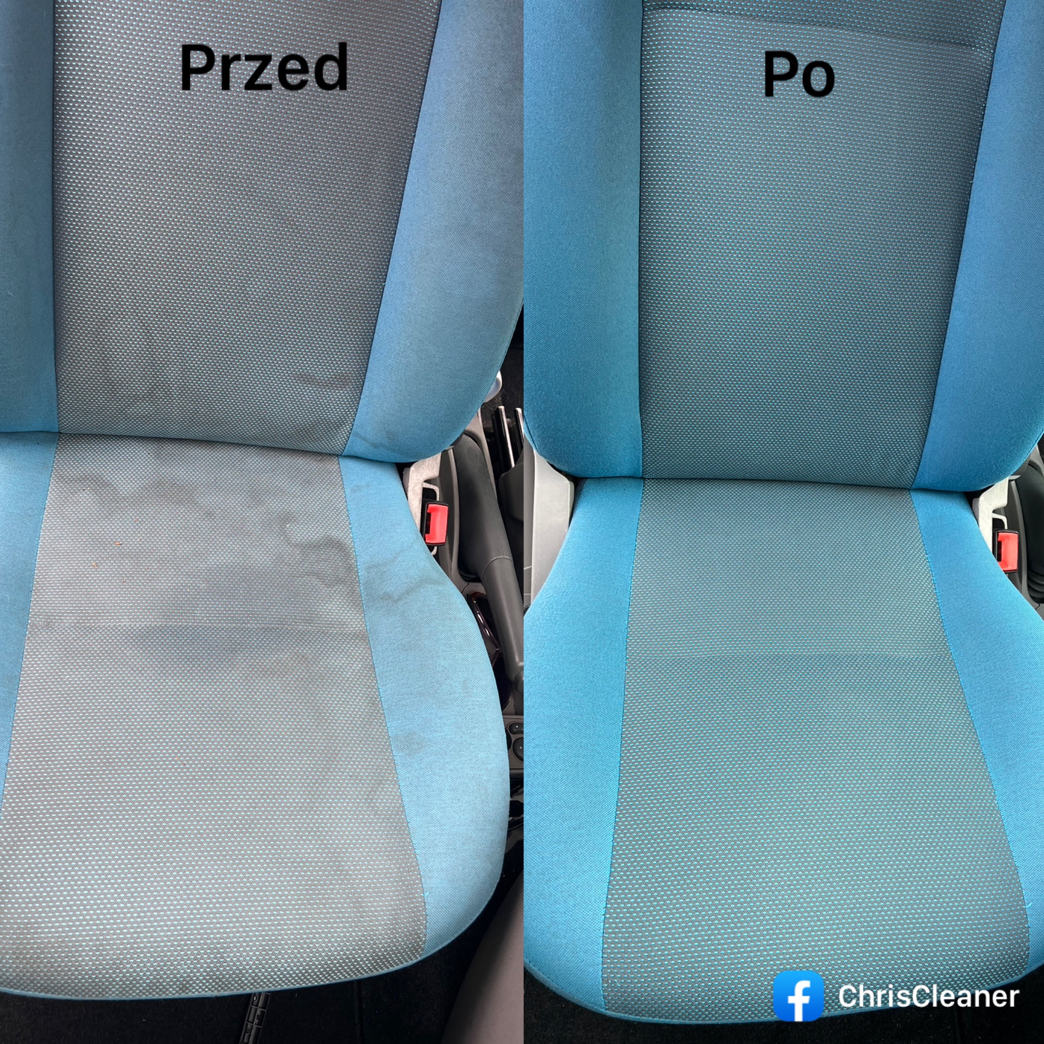 Fotel samochodowy z niebieską tapicerką, widok przed i po czyszczeniu, ukazujący usunięcie zabrudzeń.