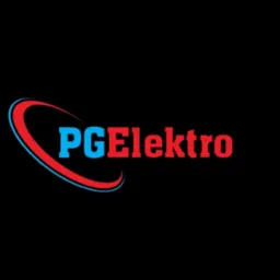 Logo firmy PG Elektro na czarnym tle. Logo zawiera niebieski napis 'PG' i czerwony napis 'Elektro', otoczone czerwono-niebieskim łukiem.