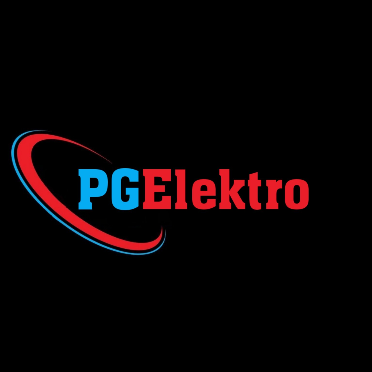 Logo firmy PG Elektro na czarnym tle. Logo zawiera niebieski napis 'PG' i czerwony napis 'Elektro', otoczone czerwono-niebieskim łukiem.