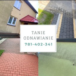 Łukasz Dąbek - Kompozycja czterech ujęć: elewacja domu przed i po czyszczeniu, kostka brukowa przed i po, oraz zielony trawnik. Widoczny numer telefonu i napis 'Tanie Odnawianie'.