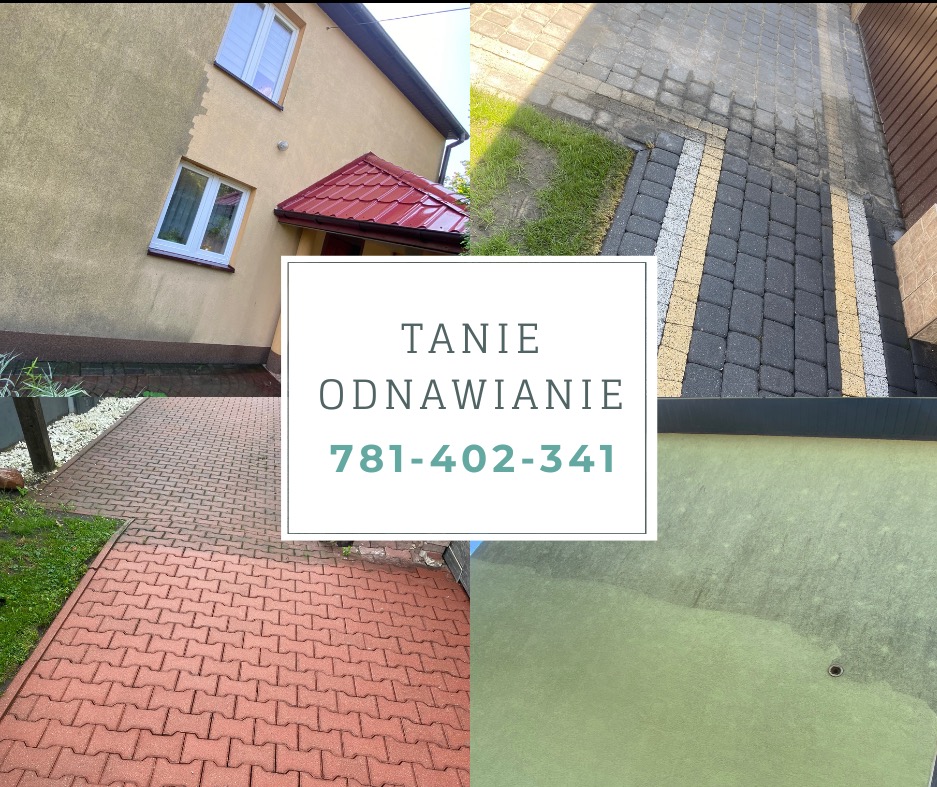 Kompozycja czterech ujęć: elewacja domu przed i po czyszczeniu, kostka brukowa przed i po, oraz zielony trawnik. Widoczny numer telefonu i napis 'Tanie Odnawianie'.