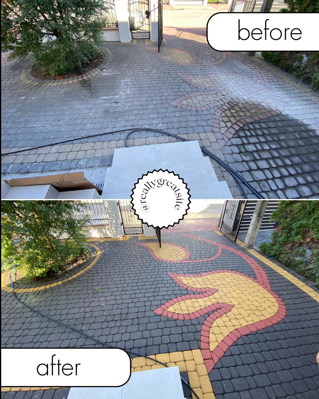 Kostka brukowa przed i po czyszczeniu, z wzorem kwiatowym. Widoczne różnice w kolorze i czystości. Ujęcie z góry, z elementami zieleni i bramy w tle.