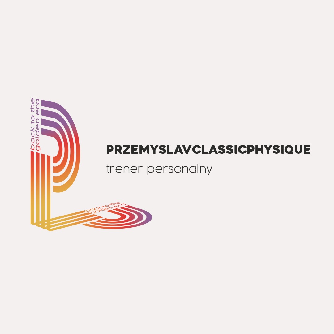 Grafika z napisem 'PRZEMYSLAVCLASSICPHYSIQUE trener personalny' i stylizowanym logo w formie litery P z tęczowymi paskami, nawiązująca do estetyki retro.