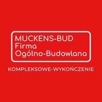 Logo firmy MUCKENS-BUD Firma Ogólno-Budowlana z hasłem KOMPLEKSOWE-WYKOŃCZENIE na czerwonym tle.