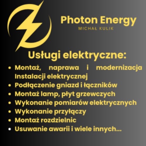 Grafika reklamowa firmy Photon Energy Michała Kulika oferującej usługi elektryczne: montaż, naprawę, modernizację instalacji, podłączanie gniazd, montaż lamp, pomiary, przyłącza, rozdzielnice...