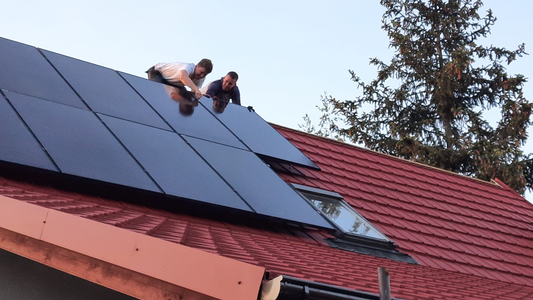 Dwóch monterów instaluje panele słoneczne na czerwonym dachu domu jednorodzinnego, widoczne okno dachowe i świerk w tle.