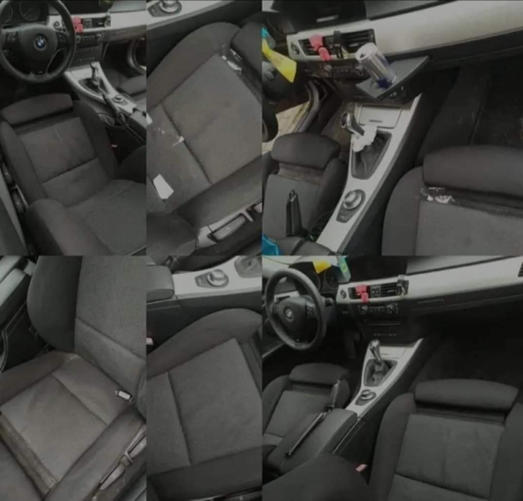 Kolaż zdjęć wnętrza samochodu przed czyszczeniem w Krajenka: widoczne zabrudzenia na tapicerce foteli i konsoli środkowej.