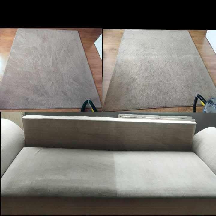 Porównanie dywanu i kanapy przed i po czyszczeniu: po lewej stronie widoczny dywan i kanapa przed zabiegiem, po prawej po czyszczeniu, ukazujące różnicę w odcieniu i usuniętych zabrudzeniach.