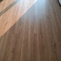 Ułożone panele podłogowe z widocznym wzorem drewna, oświetlone naturalnym światłem wpadającym przez okno. W rogu doniczka z rośliną.